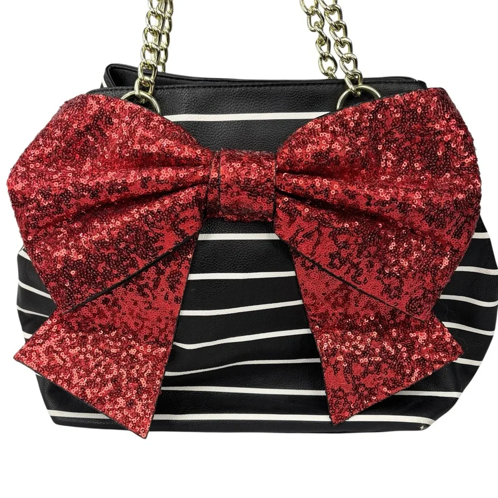 Betsey Johnson Black & White Stripe Red Sequin Glitter Bow Snap Close Tote Purse - Picture 2 of 13